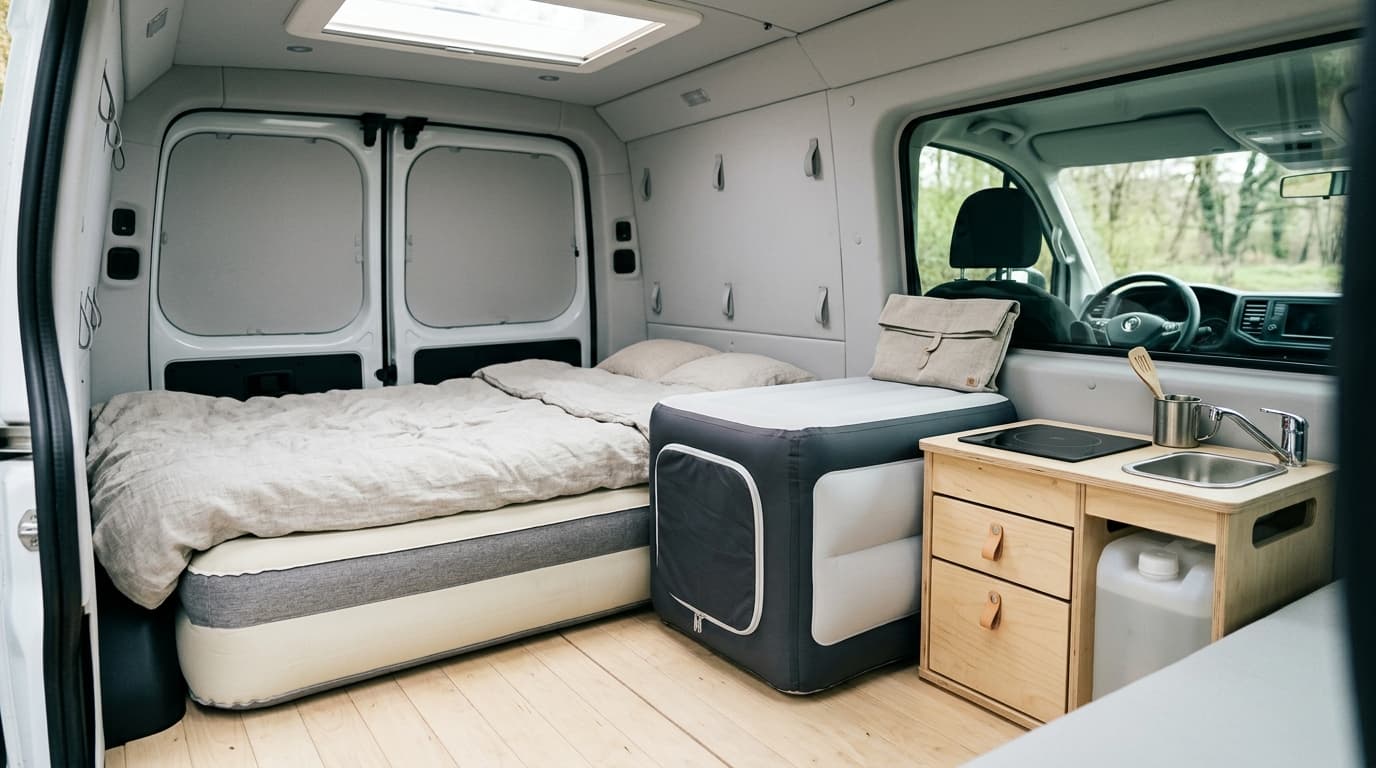 Detailansicht eines Campervan-Innenraums mit aufblasbaren Camping-Modulen: eine leichte Matratze und eine kompakte Küche.