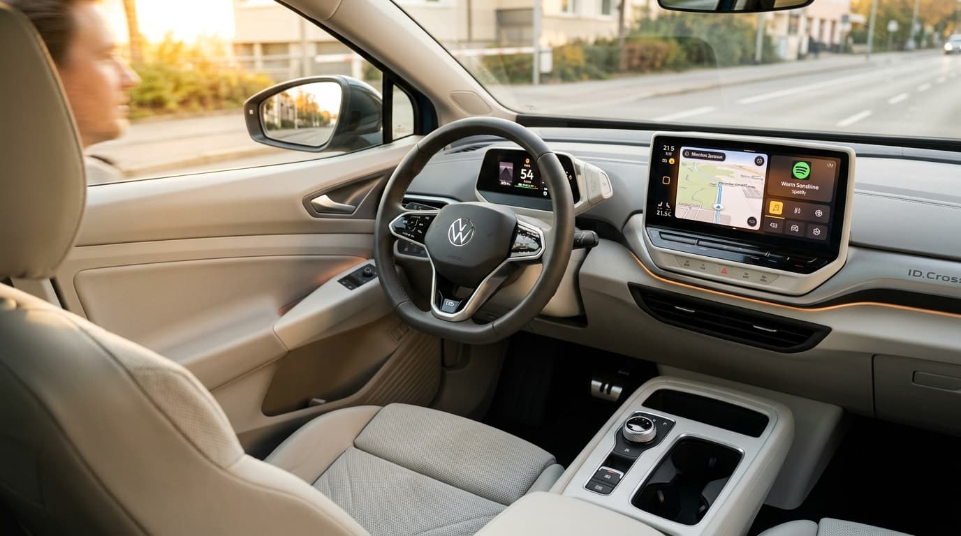 Interieur des VW ID.Cross zeigt Lenkrad, digitales Cockpit und Touchscreen-Display mit physischen Bedienknöpfen und Drehreglern