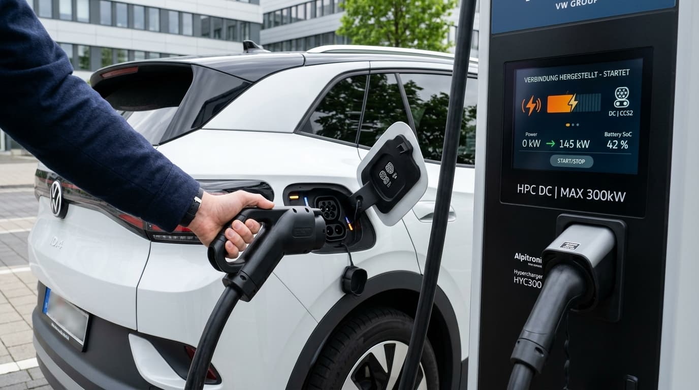 Ladeanschluss des Volkswagen ID. Cross an einer DC-Schnelladesäule