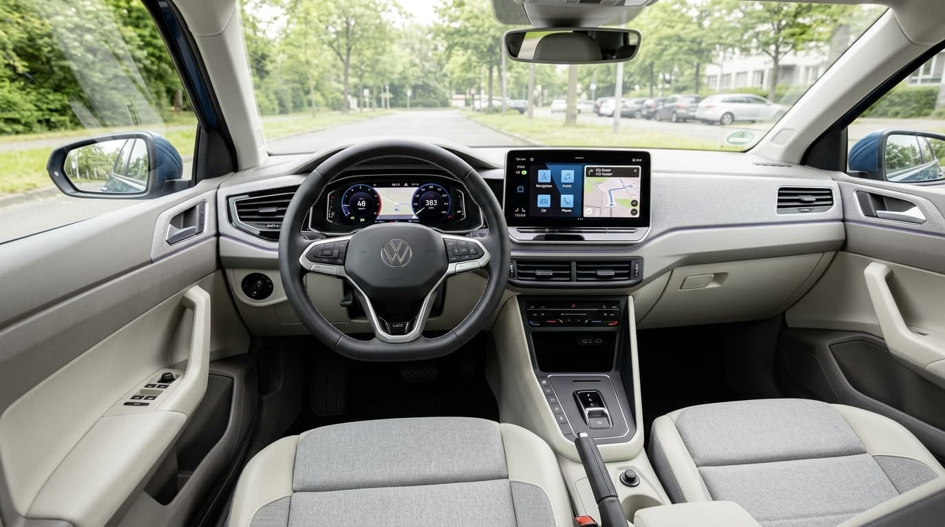 Blick in den Innenraum des Volkswagen ID. Polo mit Armaturenbrett und digitalem Display