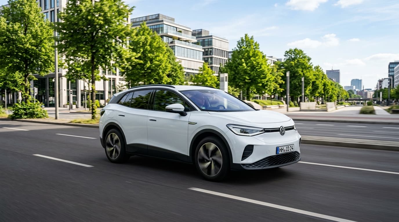 Volkswagen ID.4, Seitenansicht auf einer Straße in Tageslicht