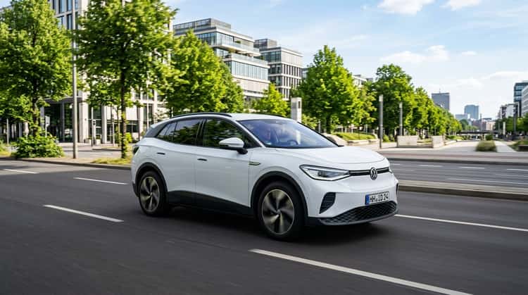 Volkswagen ID.4, Seitenansicht auf einer Straße in Tageslicht