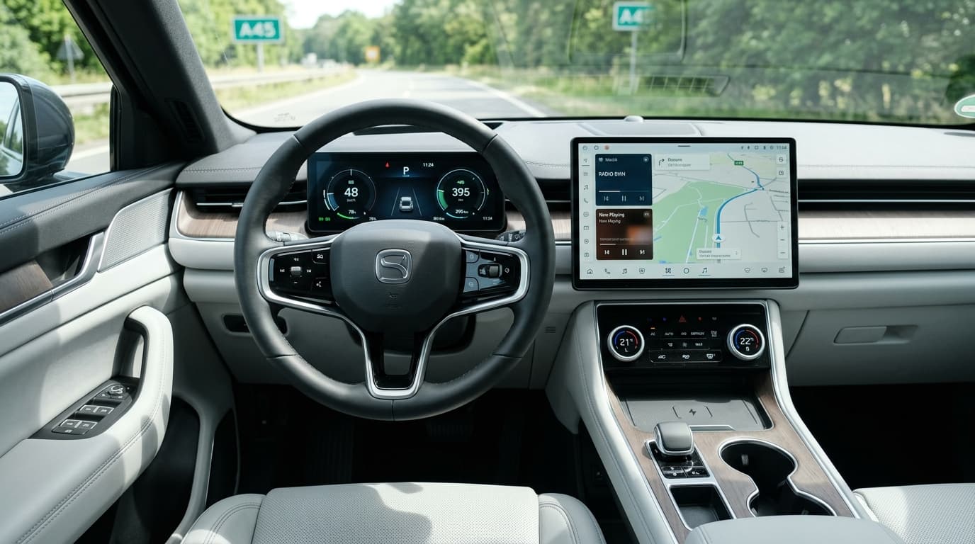 Cockpit des VW ID. Tiguan mit Lenkrad mit echten Tasten und Bedienfeld unter dem 15-Zoll-Display