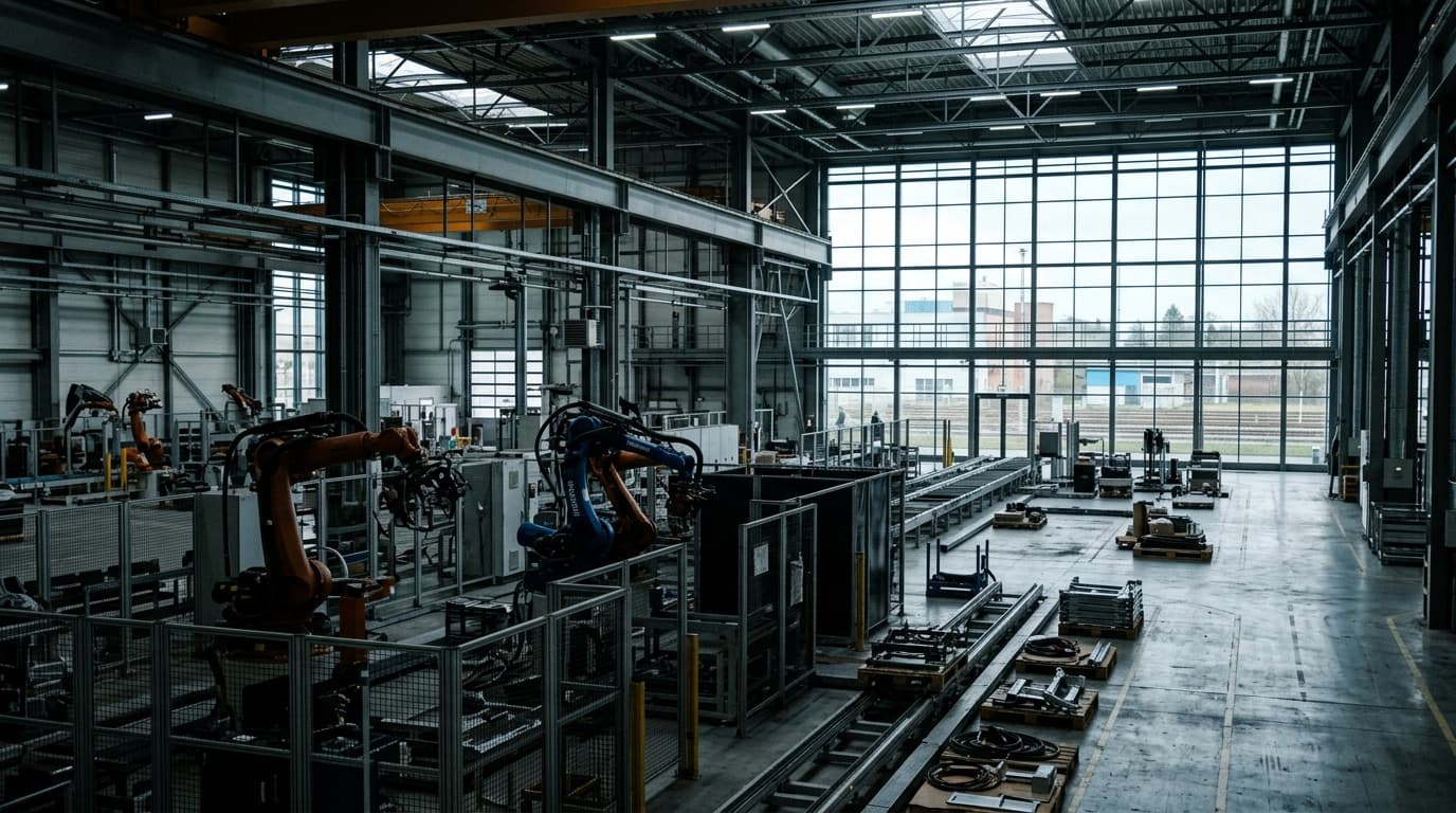Blick in eine moderne Autofabrik mit Montagestationen und Robotern unter industrieller Beleuchtung.
