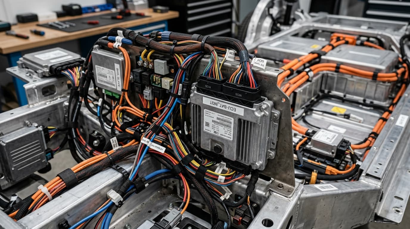 Detailaufnahme der Bordnetz-Komponenten und Verkabelung in einem modernen Elektroauto.