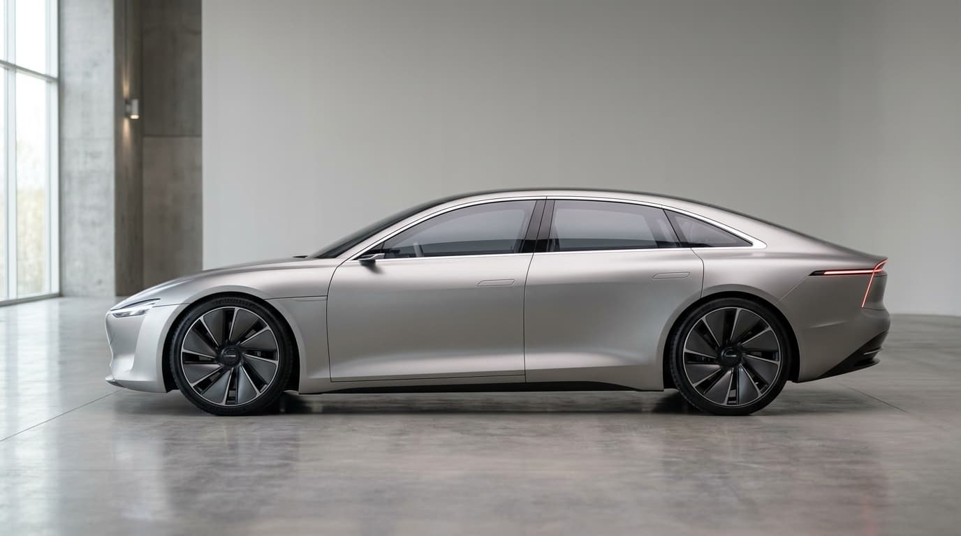Seitenansicht eines flachen, aerodynamisch geformten Elektrofahrzeugs mit futuristischem Design