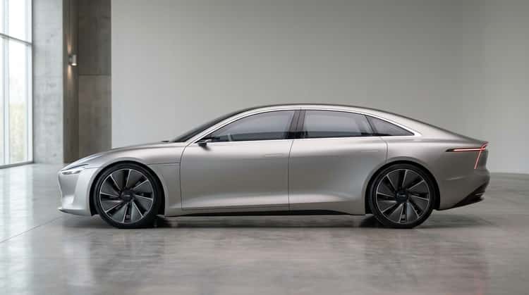 Seitenansicht eines flachen, aerodynamisch geformten Elektrofahrzeugs mit futuristischem Design