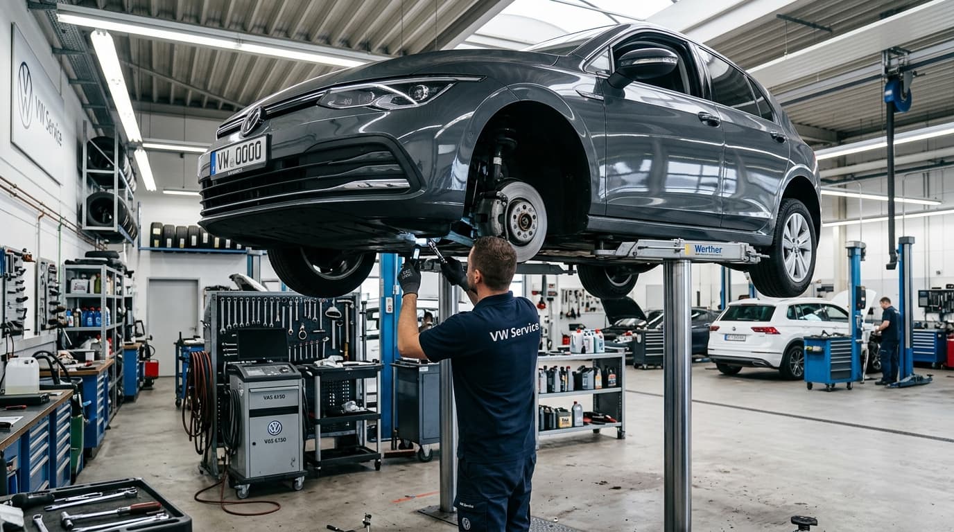 Werkstattszene: Techniker bei der Überprüfung der Lenkanlage an einem VW Golf auf der Hebebühne