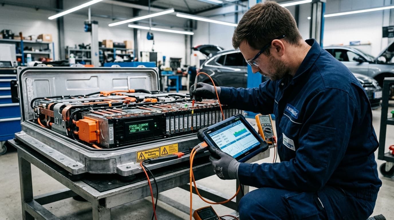 Ein Techniker liest die Daten einer Hochvolt-Batterie aus und prüft diese auf Auffälligkeiten.