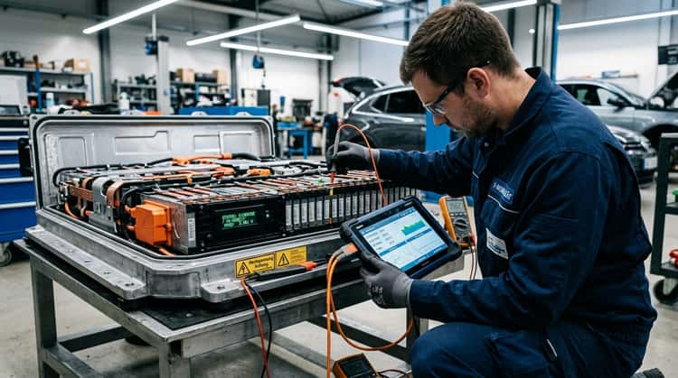 Ein Techniker liest die Daten einer Hochvolt-Batterie aus und prüft diese auf Auffälligkeiten.