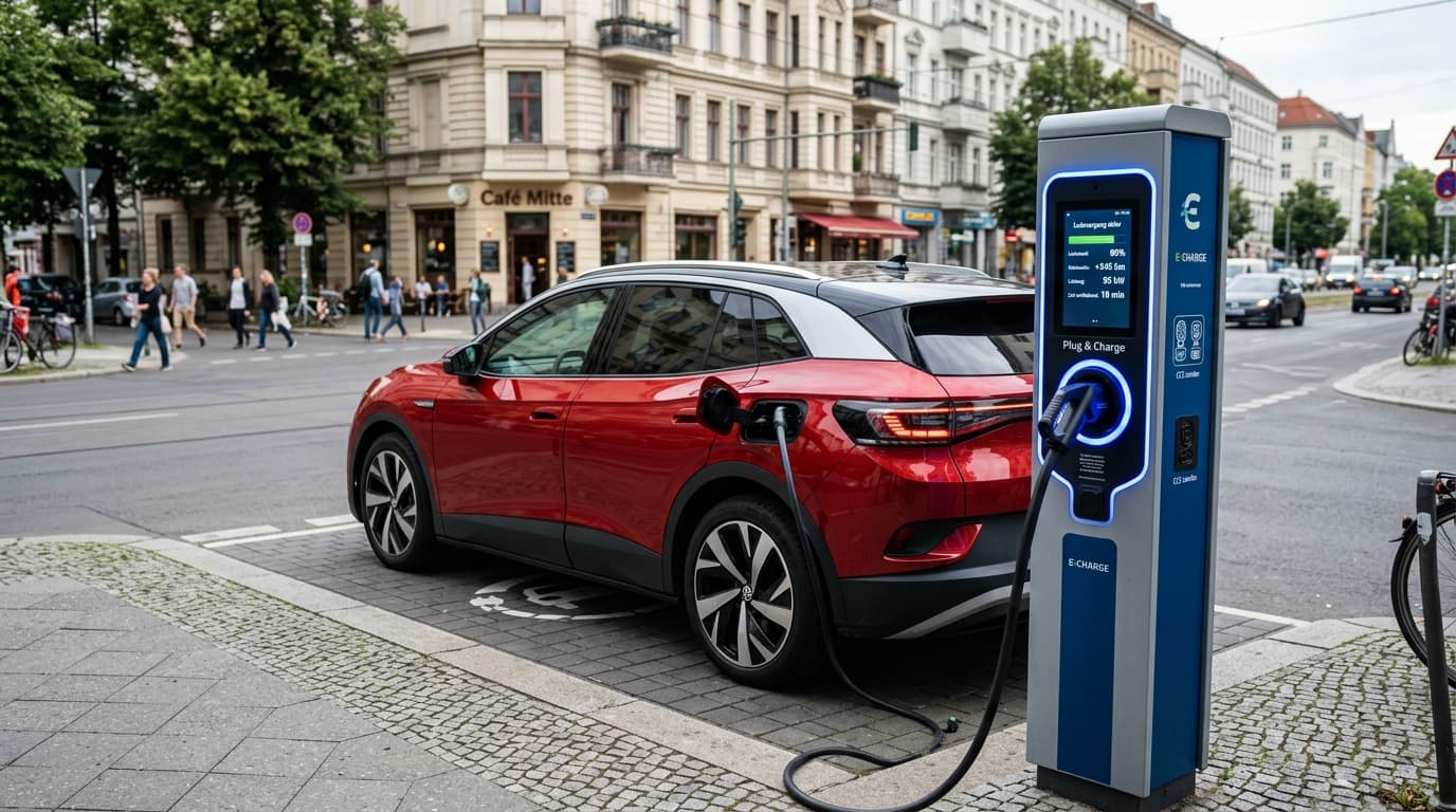 Ein VW ID.4 wird an einer öffentlichen Ladesäule geladen, das Ladesystem ist begrenzt auf 80 Prozent Ladestand.