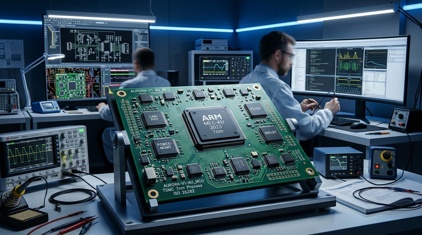 Nahaufnahme eines Mikrochips mit integrierten Schaltkreisen, technisch beleuchtet.