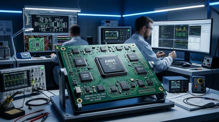 Nahaufnahme eines Mikrochips mit integrierten Schaltkreisen, technisch beleuchtet.