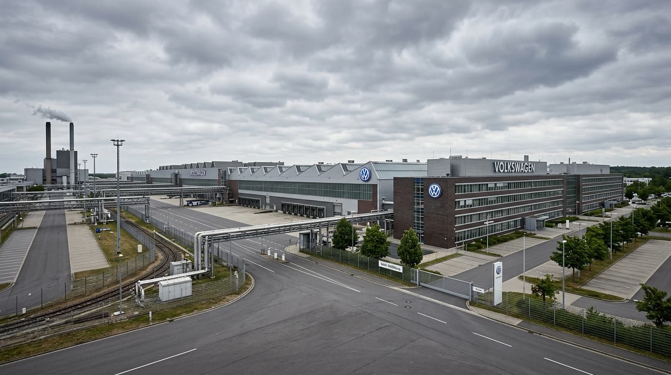 Blick auf eine VW-Produktionshalle mit typischer Industriearchitektur