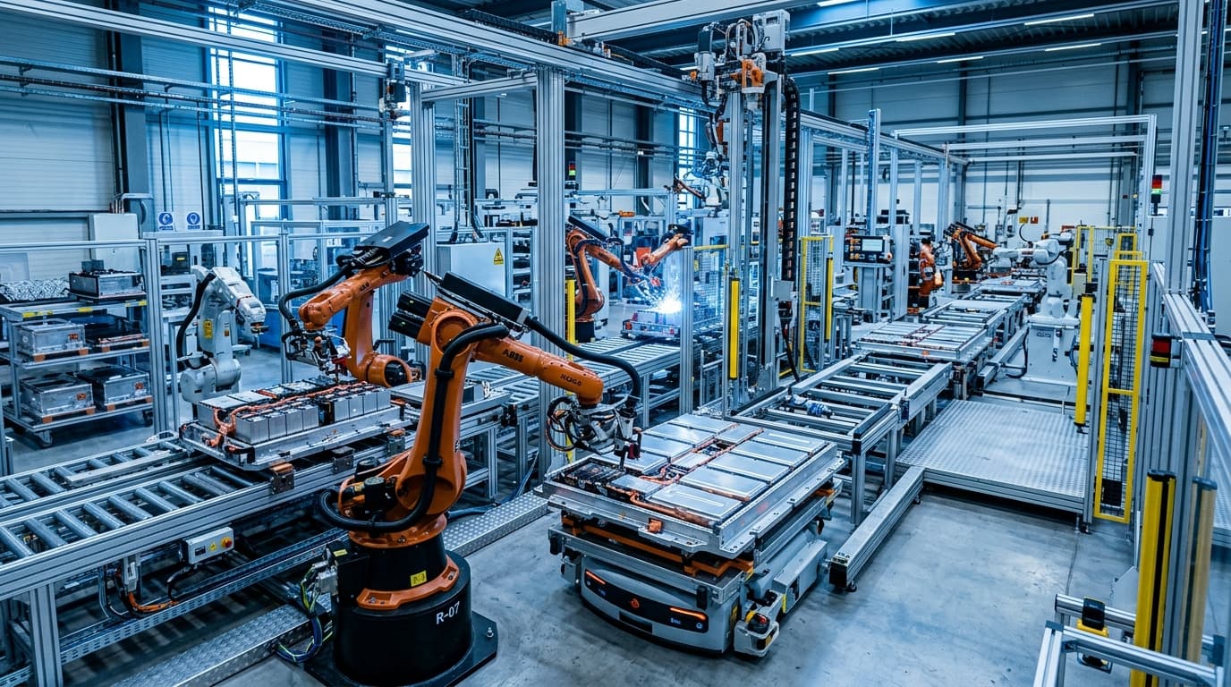 Robotergestützte Fertigungslinie für Elektrofahrzeug-Komponenten in einer modernen Fabrik