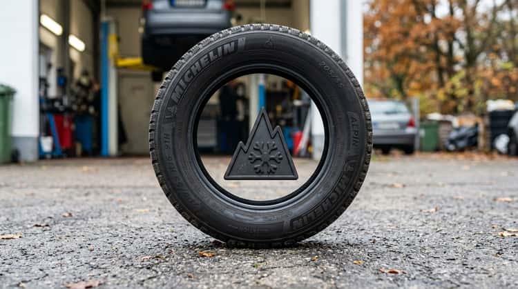 Nahaufnahme eines Winterreifens mit Alpine-Symbol auf der Flanke, im Hintergrund unscharf eine Autowerkstatt mit Hebebühne