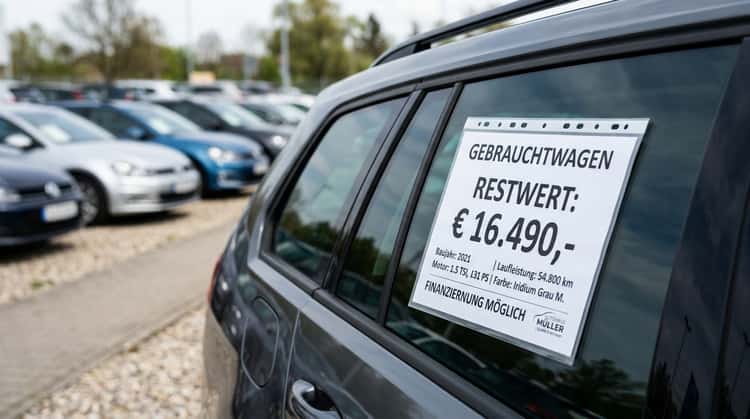 Ein Preisschild zeigt den Restwert eines Fahrzeugs auf einem Autohandelsgelände.
