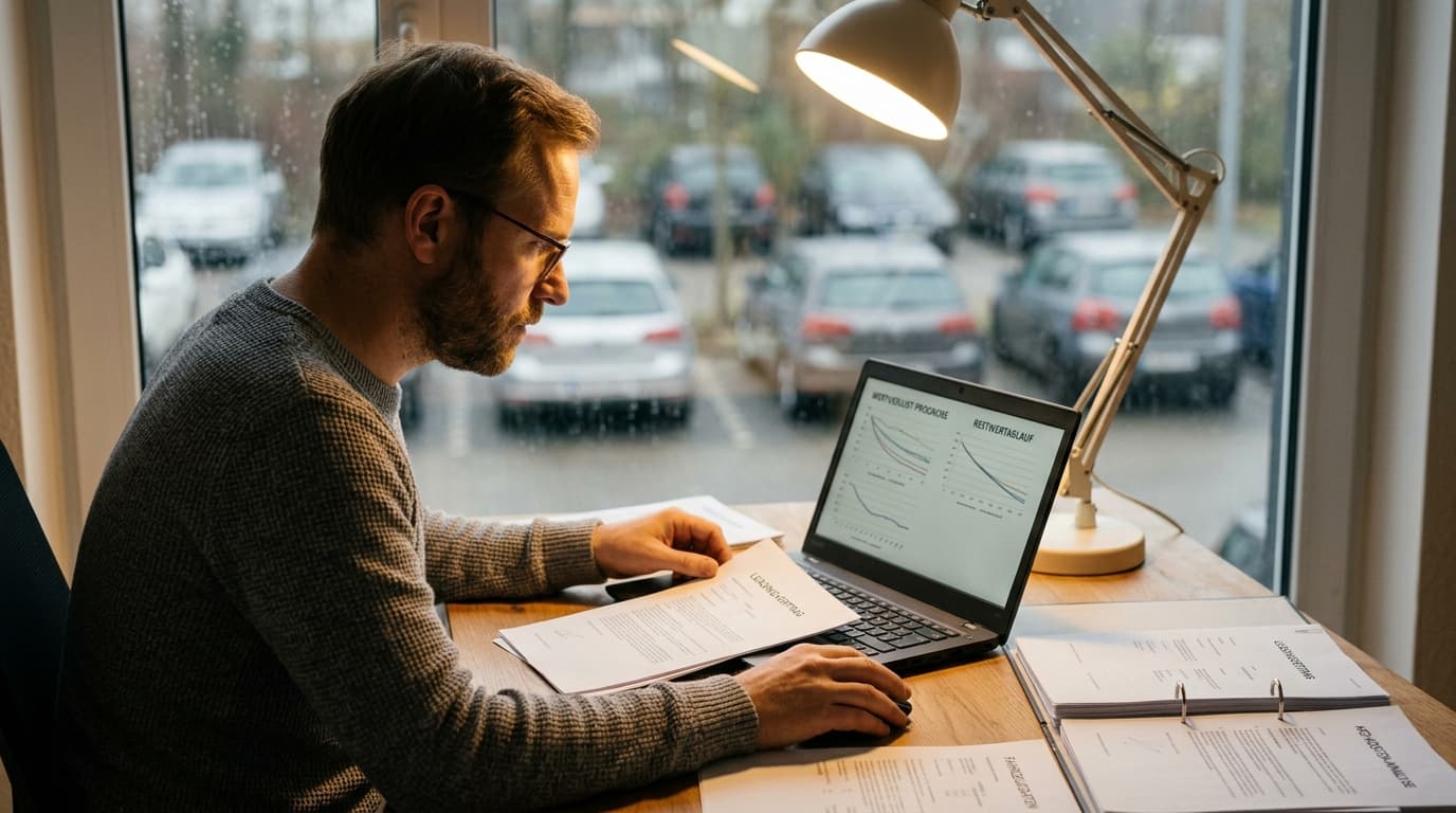 Ein Fahrer recherchiert Restwertprognosen am Computer, umgeben von Leasingverträgen und Dokumenten.