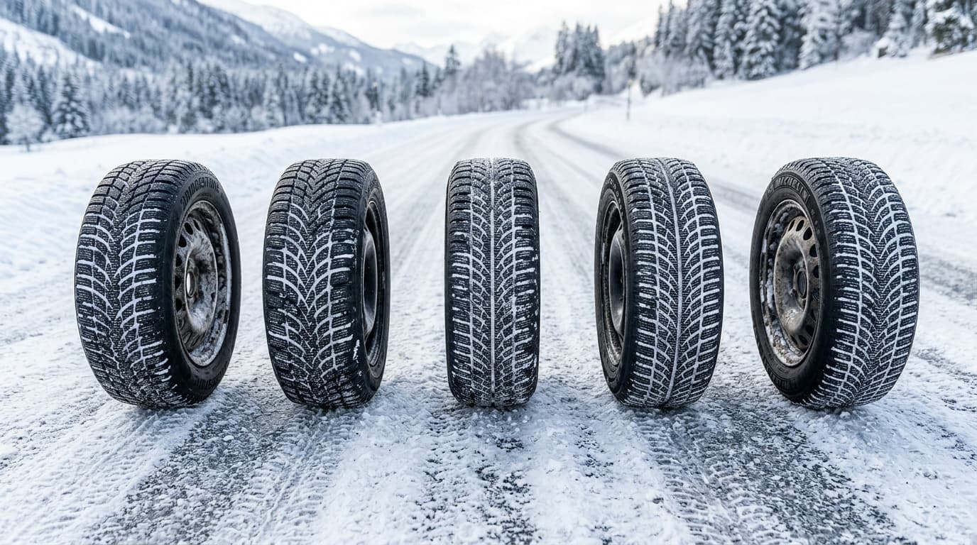 Mehrere Winterreifen nebeneinander auf schneebedeckter Fahrbahn