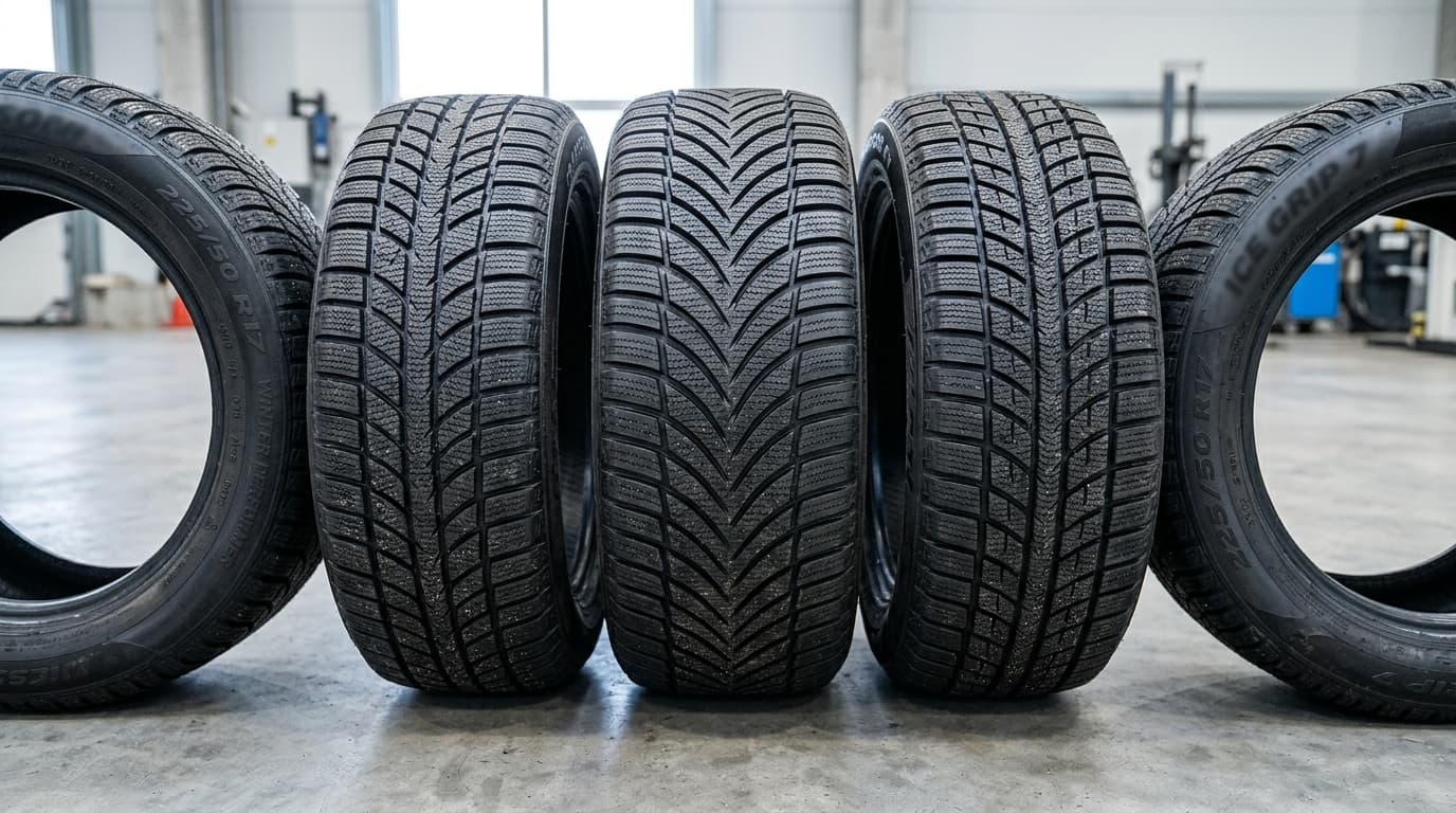 Mehrere Winterreifen der Größe 225/50 R17 verschiedener Hersteller nebeneinander