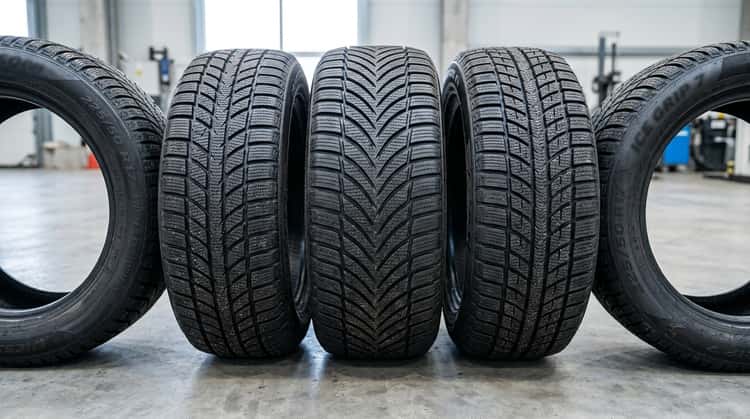 Mehrere Winterreifen der Größe 225/50 R17 verschiedener Hersteller nebeneinander
