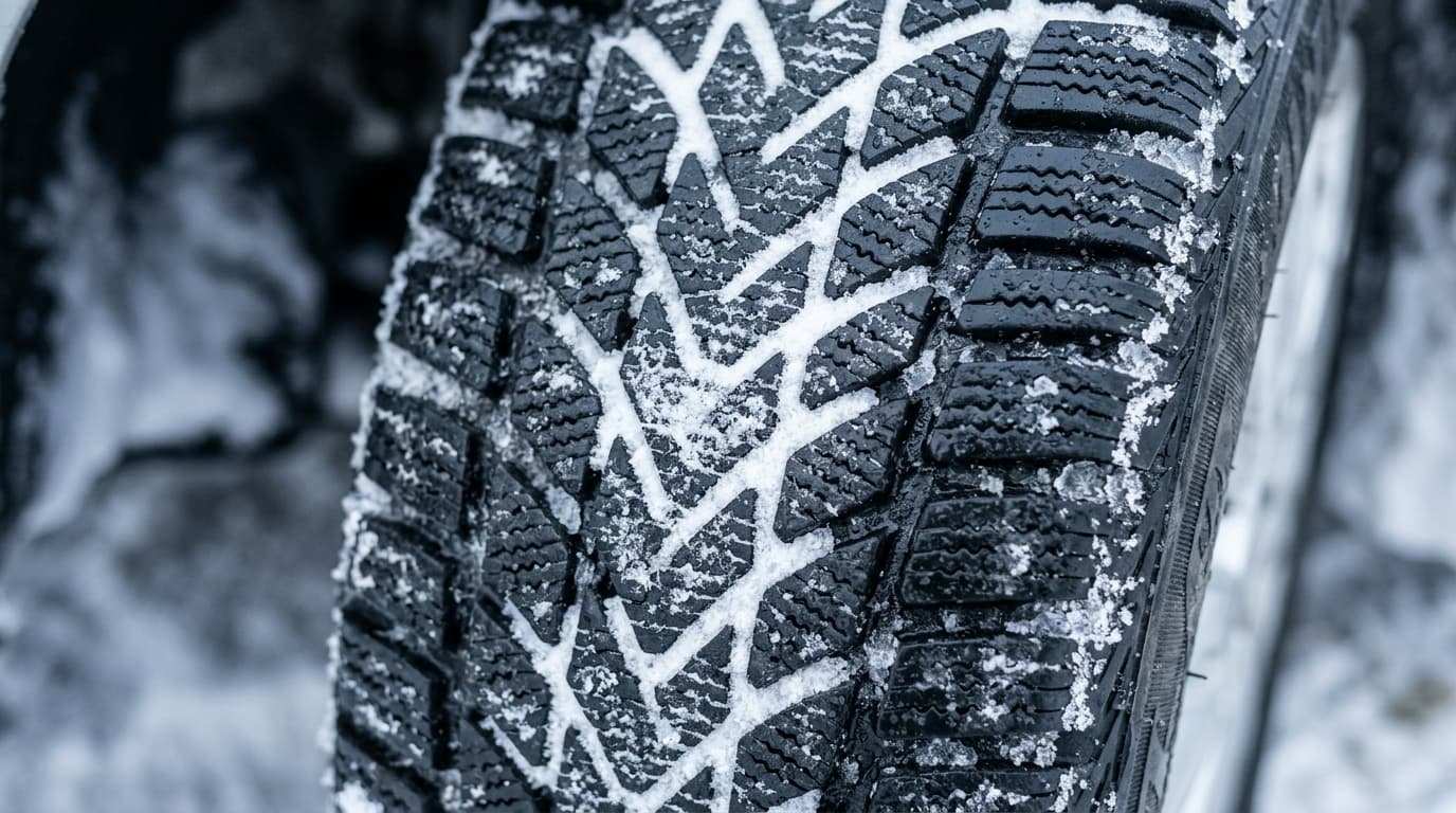 Detailaufnahme eines Winterreifenprofils mit Schnee