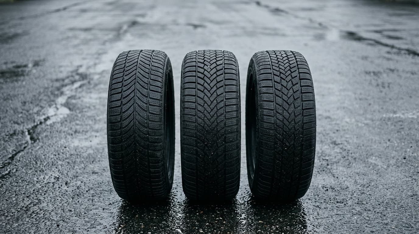 Mehrere Winterreifen der Größe 225/55 R18 nebeneinander auf nassem Asphalt