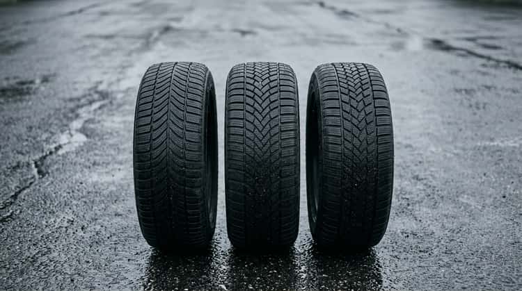 Mehrere Winterreifen der Größe 225/55 R18 nebeneinander auf nassem Asphalt