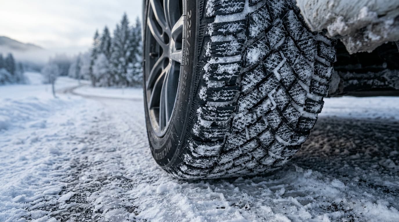 Nahaufnahme eines Winterreifens der Größe 225/45 R18 auf verschneiter Fahrbahn