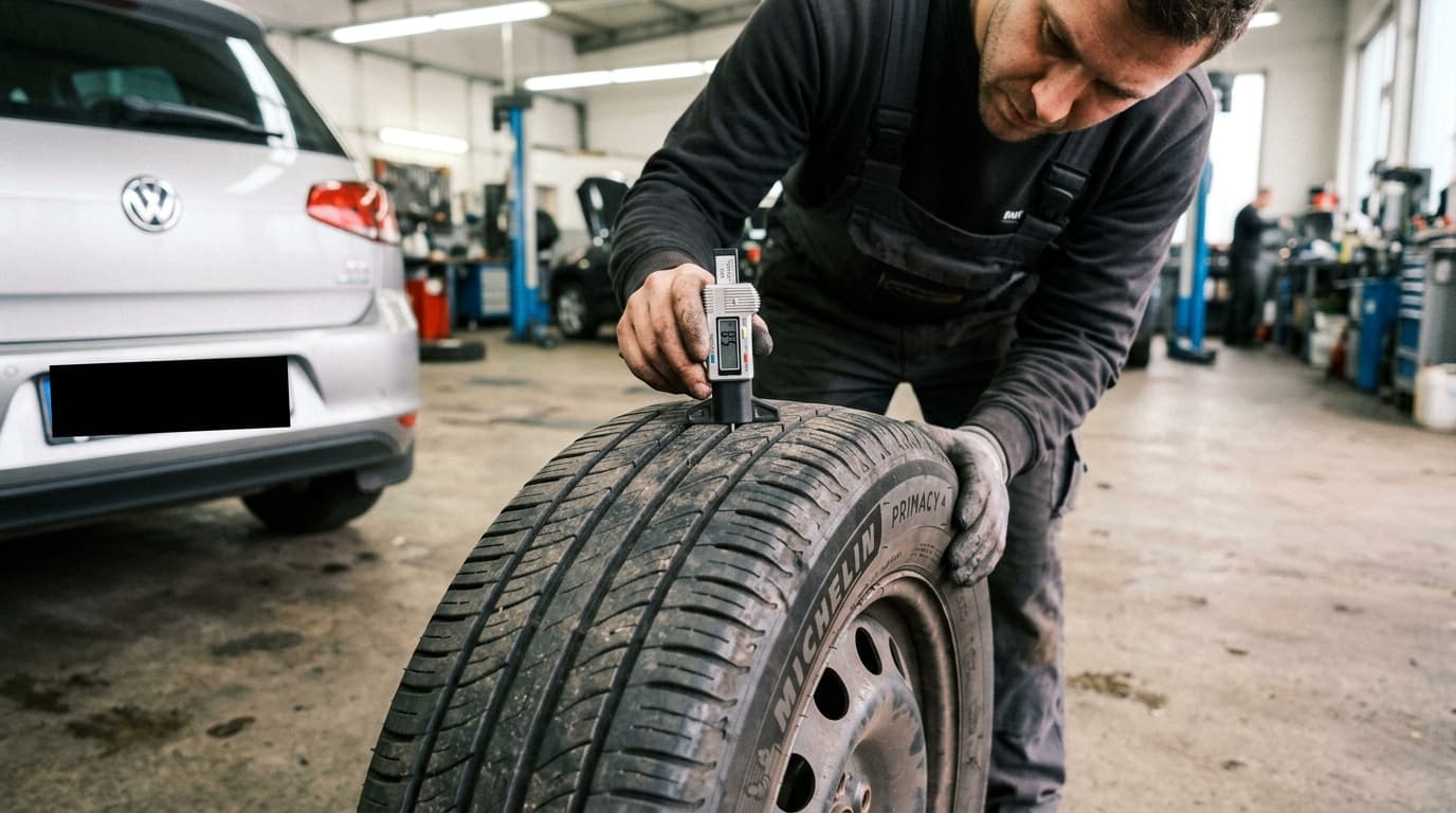 Profiltiefenmessung an einem Autoreifen mit einer Messlehre in einer Werkstatt.