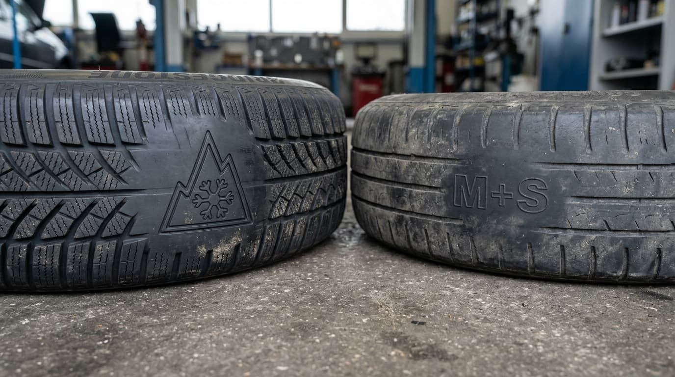 Zwei Winterreifen nebeneinander: Der vordere zeigt das Alpine-Symbol mit Berg und Schneeflocke, der hintere trägt nur die M+S-Kennzeichnung.