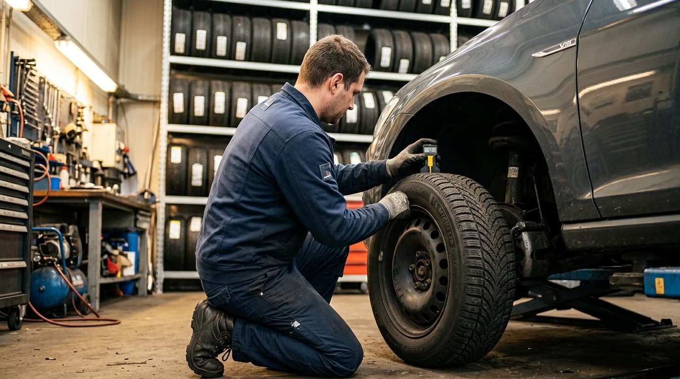 Ein Werkstatt-Techniker überprüft mit einer Messlehre die Profiltiefe eines Winterreifens an einem aufgebockten Fahrzeug.