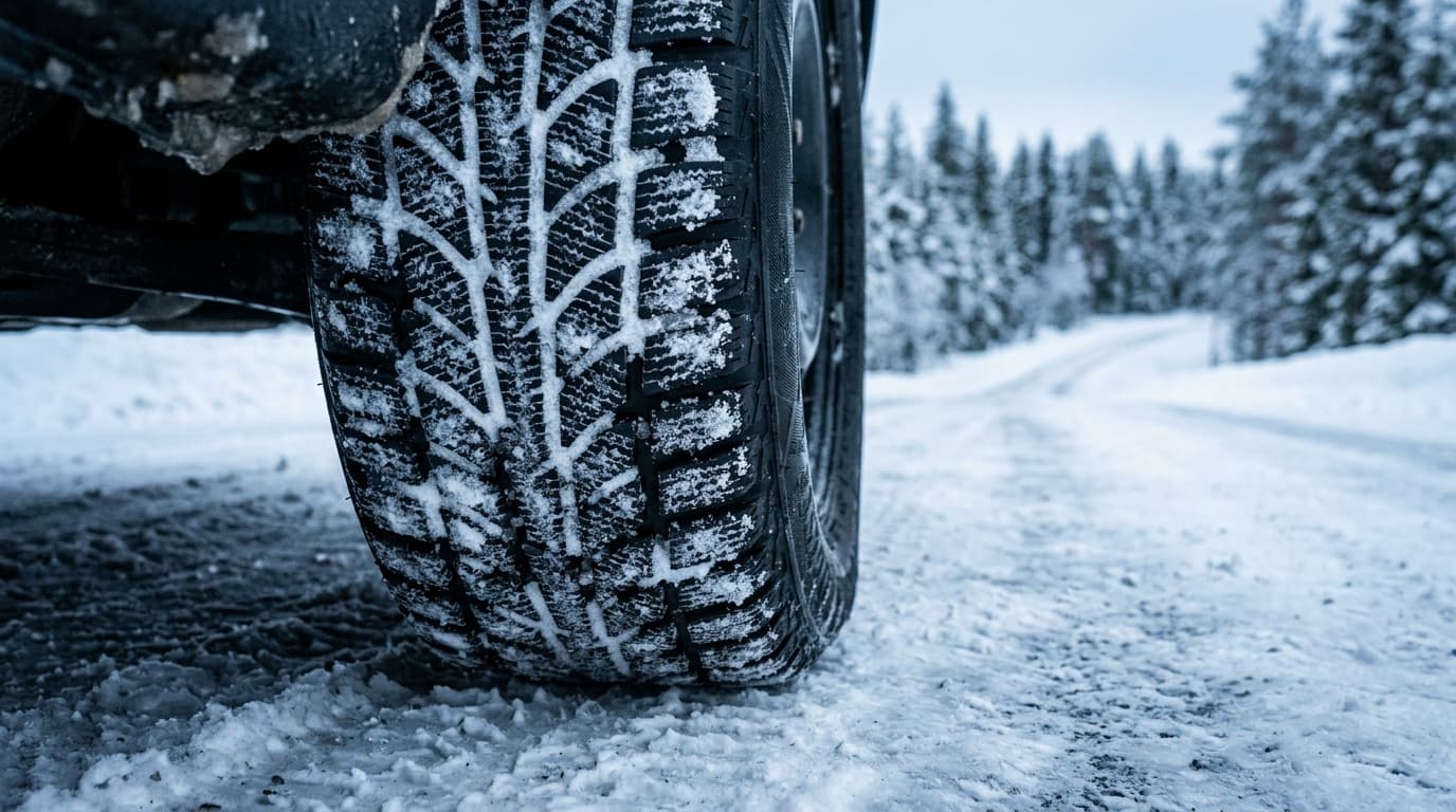 Nahaufnahme eines Winterreifens mit sichtbarem Profil auf verschneiter Fahrbahn mit glitzerndem Schnee und diffusem Winterlicht.