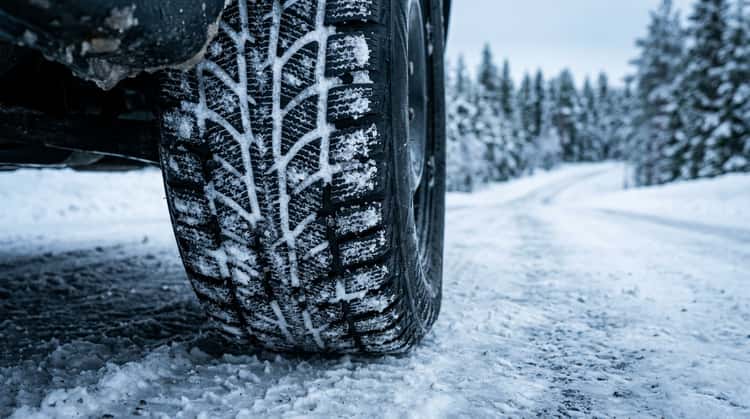 Nahaufnahme eines Winterreifens mit sichtbarem Profil auf verschneiter Fahrbahn mit glitzerndem Schnee und diffusem Winterlicht.
