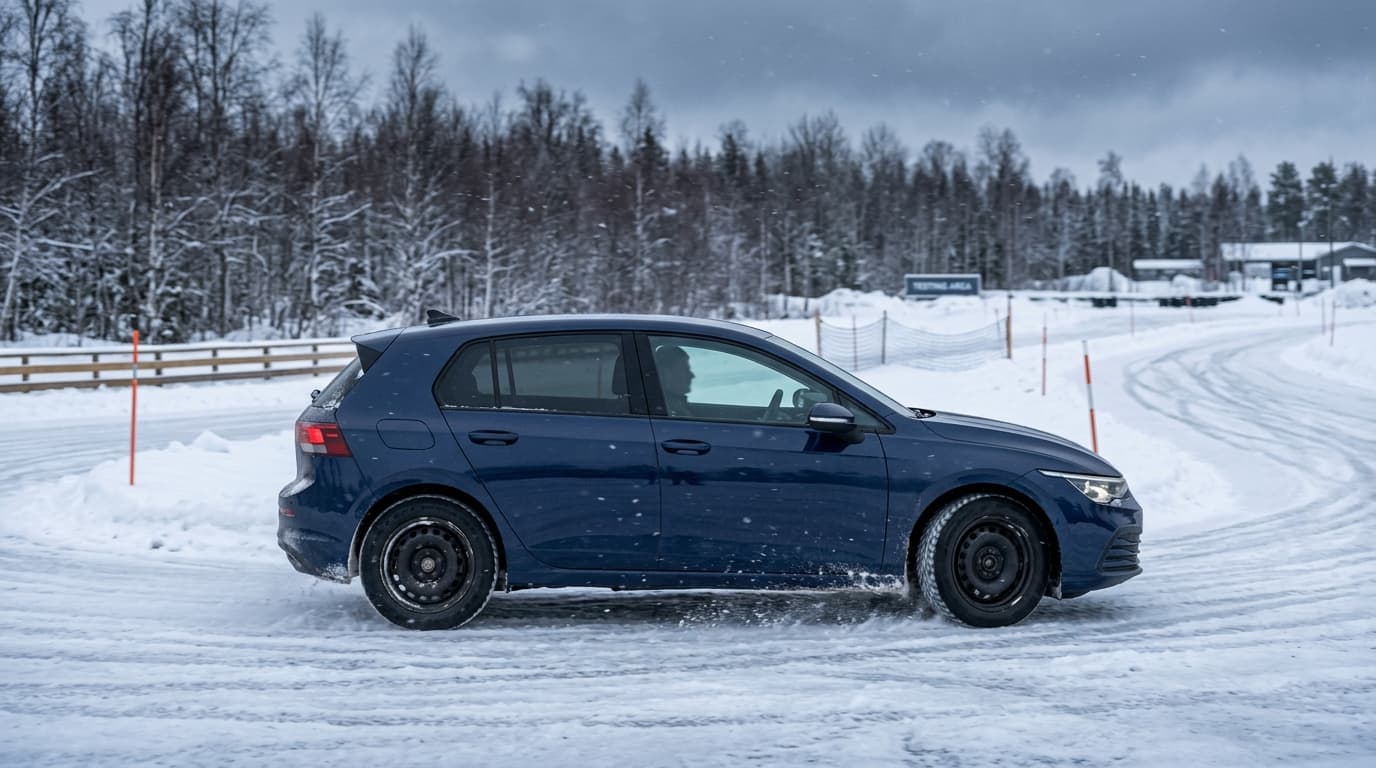 Ein VW Golf auf schneebedeckter Testfahrbahn, ausgestattet mit Winterreifen, in neutraler Seitenperspektive.