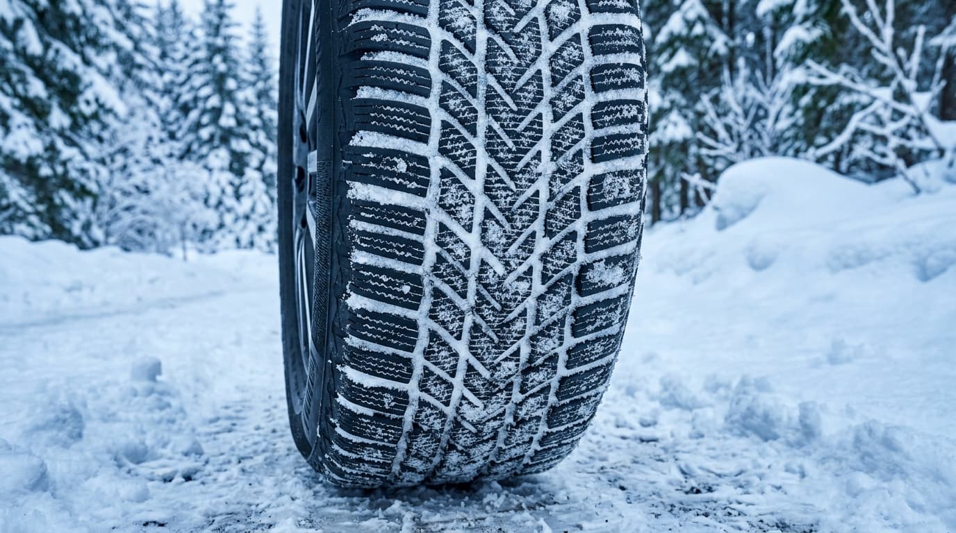 Nahaufnahme eines Winterreifens mit feinem Schneeprofil auf schneebedecktem Untergrund