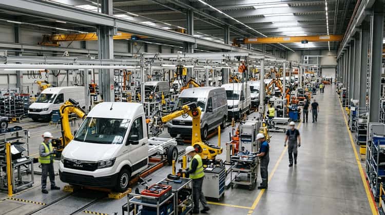 Blick auf eine Produktionslinie im Werk Września mit mehreren Fahrzeugen in Montage.